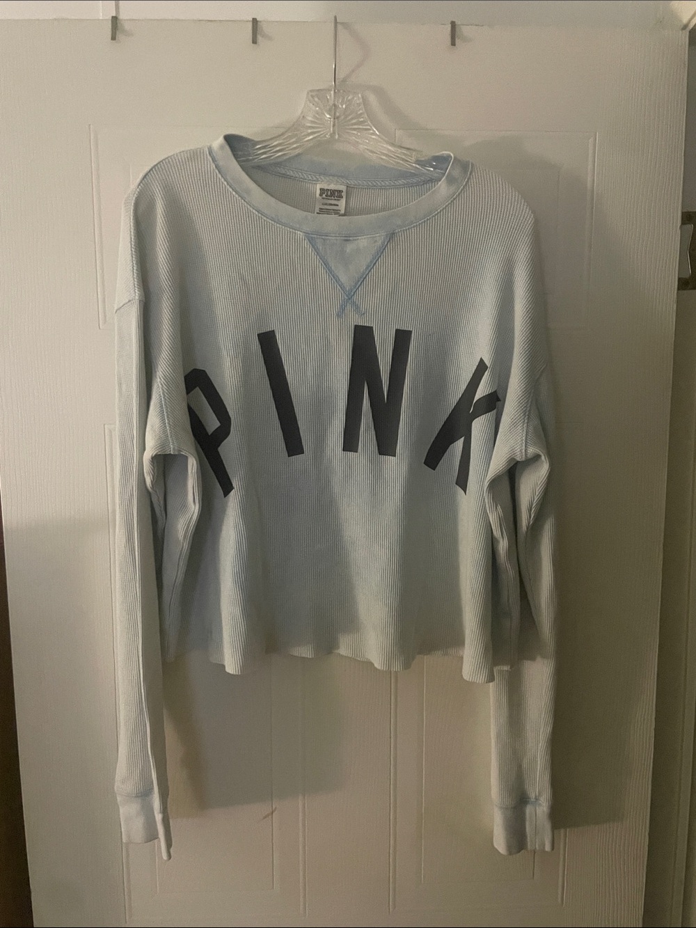 PINK Victoria's Secret Light Blue Ribbed Crewneck Sweatshirt with Navy Logo
